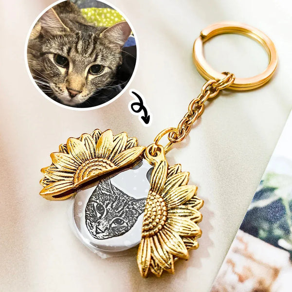 Custom Engravable Sunflower Pet Photo Keychain